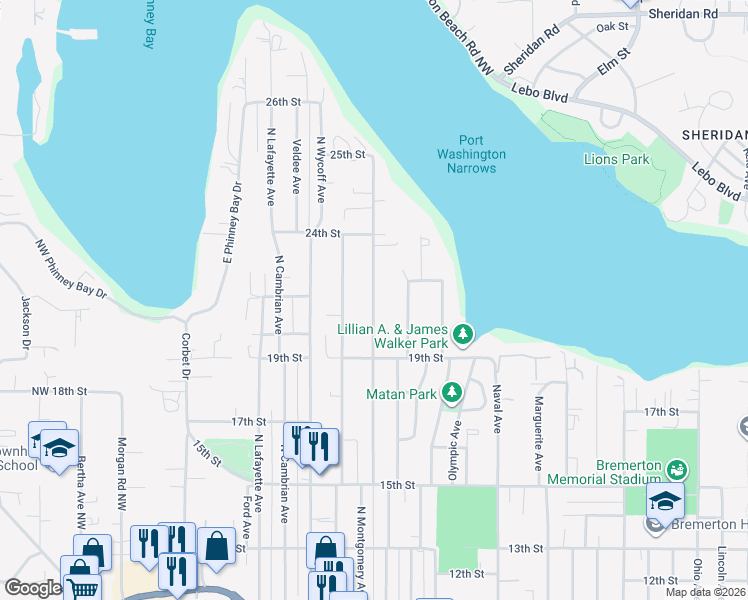 map of restaurants, bars, coffee shops, grocery stores, and more near 1947 Snyder Ave in Bremerton