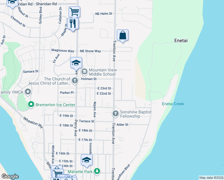 map of restaurants, bars, coffee shops, grocery stores, and more near 2205 Trenton Avenue in Bremerton