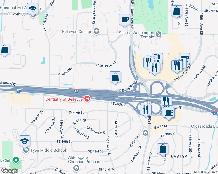 map of restaurants, bars, coffee shops, grocery stores, and more near 14440 Southeast Eastgate Way in Bellevue