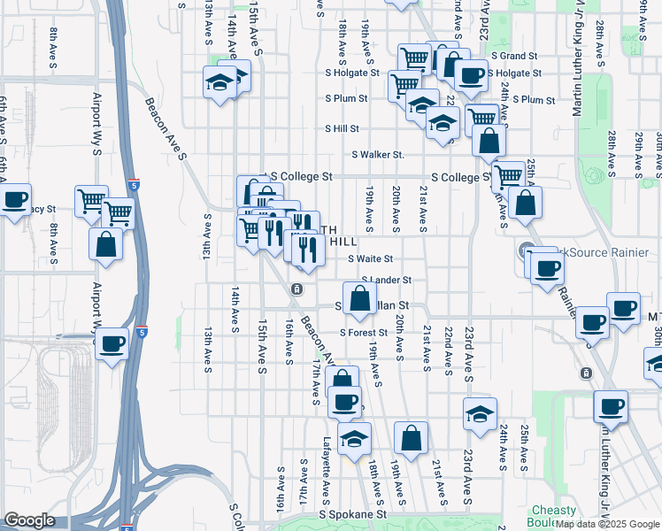 map of restaurants, bars, coffee shops, grocery stores, and more near 2605 18th Avenue South in Seattle