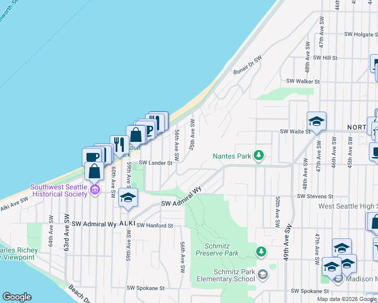 map of restaurants, bars, coffee shops, grocery stores, and more near 2483 55th Avenue Southwest in Seattle