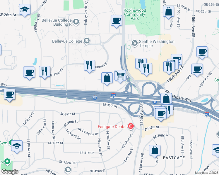 map of restaurants, bars, coffee shops, grocery stores, and more near 3300 146th Place Southeast in Bellevue