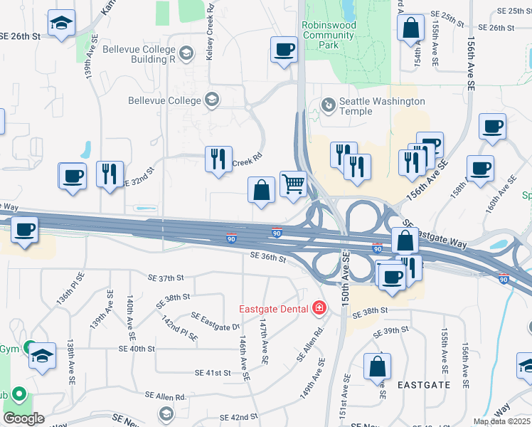 map of restaurants, bars, coffee shops, grocery stores, and more near 3300 146th Place Southeast in Bellevue