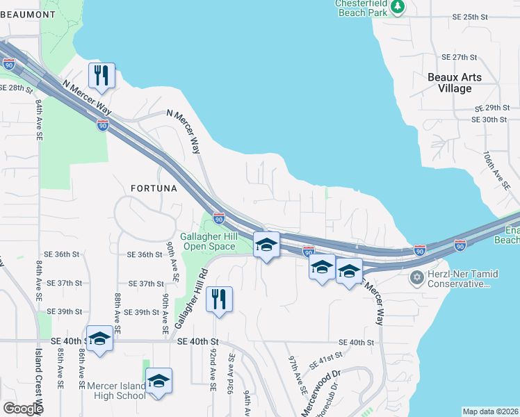 map of restaurants, bars, coffee shops, grocery stores, and more near 9201 Southeast 33rd Street in Mercer Island