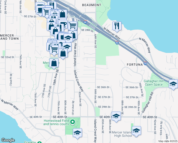 map of restaurants, bars, coffee shops, grocery stores, and more near 8251 Southeast 33rd Place in Mercer Island