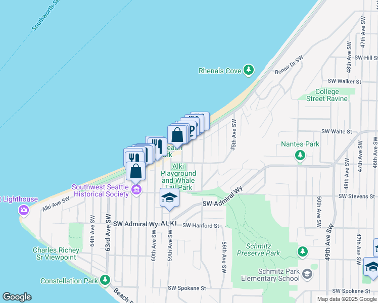 map of restaurants, bars, coffee shops, grocery stores, and more near 2626 58th Avenue Southwest in Seattle