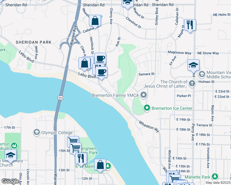 map of restaurants, bars, coffee shops, grocery stores, and more near 2090 Wheaton Way in Bremerton