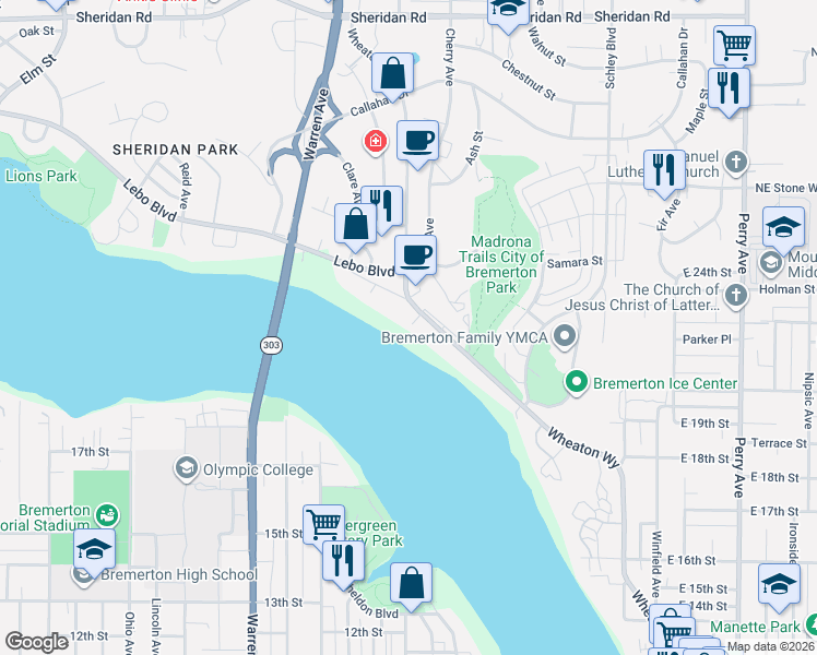 map of restaurants, bars, coffee shops, grocery stores, and more near 2313 Wheaton Way in Bremerton