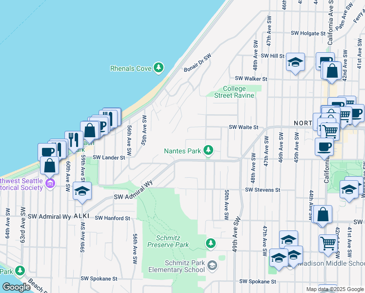 map of restaurants, bars, coffee shops, grocery stores, and more near 2661 52nd Avenue Southwest in Seattle