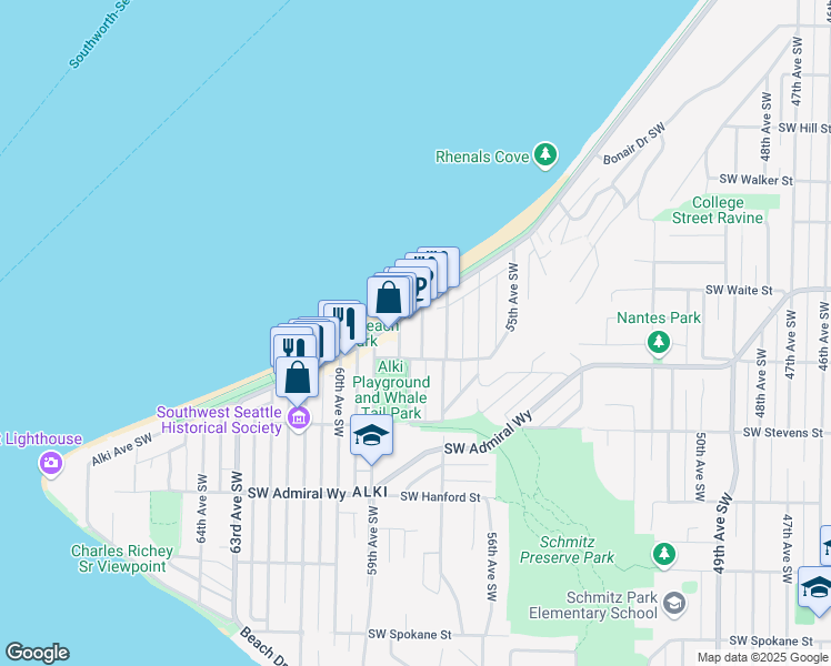 map of restaurants, bars, coffee shops, grocery stores, and more near 2626 58th Avenue Southwest in Seattle