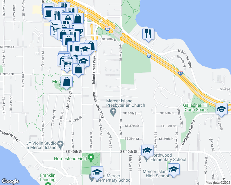 map of restaurants, bars, coffee shops, grocery stores, and more near 8251 Southeast 33rd Place in Mercer Island