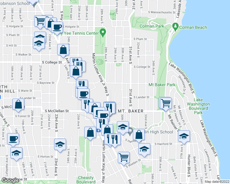 map of restaurants, bars, coffee shops, grocery stores, and more near 2530 29th Avenue South in Seattle
