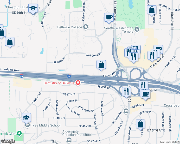 map of restaurants, bars, coffee shops, grocery stores, and more near 14432 Southeast Eastgate Way in Bellevue