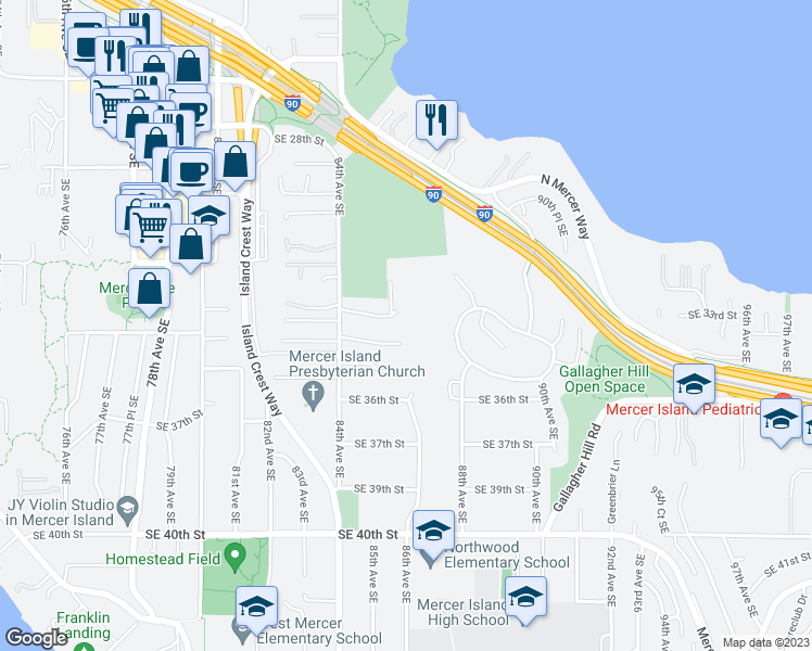 map of restaurants, bars, coffee shops, grocery stores, and more near 8429 Southeast 33rd Place in Mercer Island