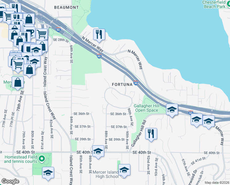 map of restaurants, bars, coffee shops, grocery stores, and more near 9021 West Shorewood Drive in Mercer Island