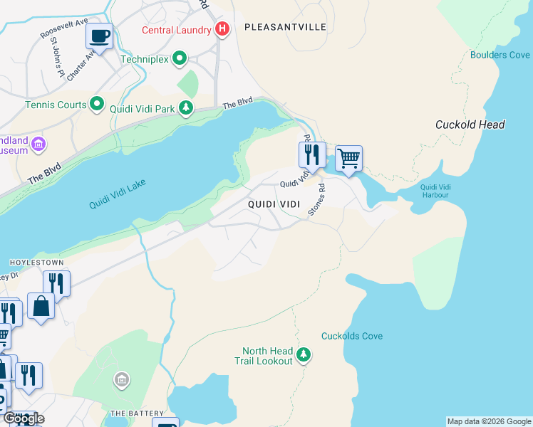 map of restaurants, bars, coffee shops, grocery stores, and more near 11 Regiment Road in St. John's