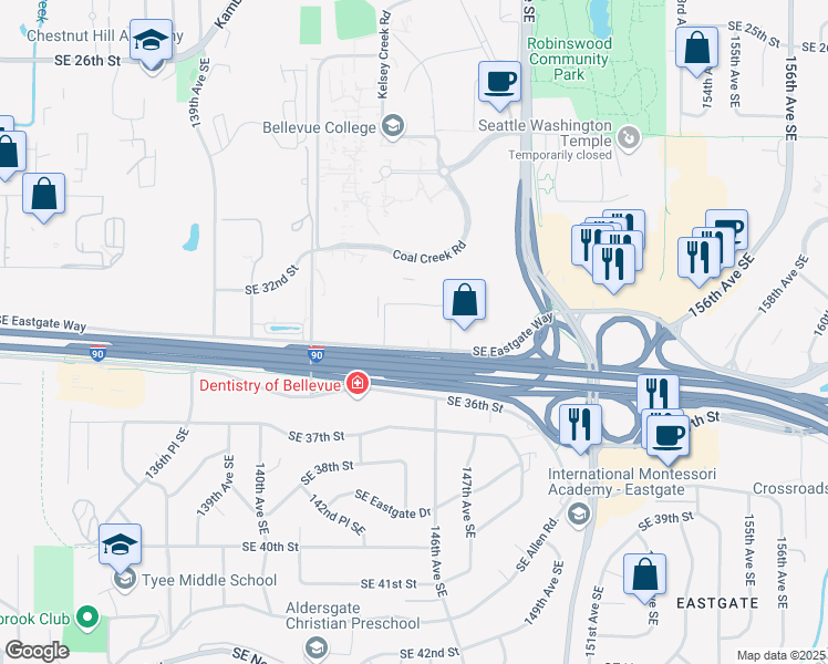 map of restaurants, bars, coffee shops, grocery stores, and more near 14440 Southeast Eastgate Way in Bellevue