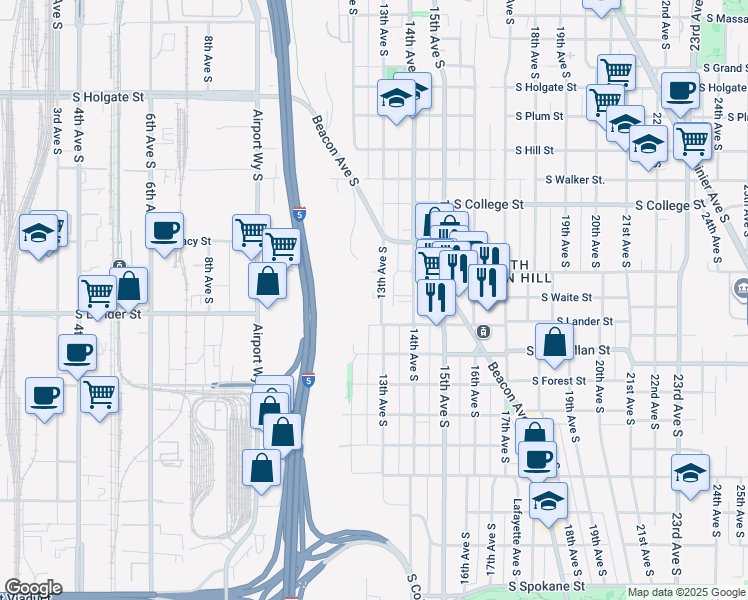map of restaurants, bars, coffee shops, grocery stores, and more near 2531 13th Avenue South in Seattle