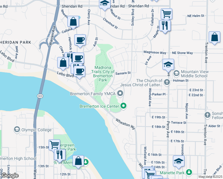 map of restaurants, bars, coffee shops, grocery stores, and more near 1011 Nathan Adrian Drive in Bremerton