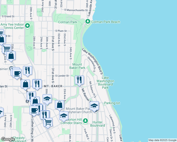 map of restaurants, bars, coffee shops, grocery stores, and more near 1400 Mount Saint Helens Place South in Seattle
