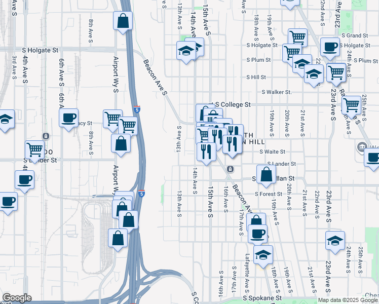 map of restaurants, bars, coffee shops, grocery stores, and more near 2525 14th Avenue South in Seattle