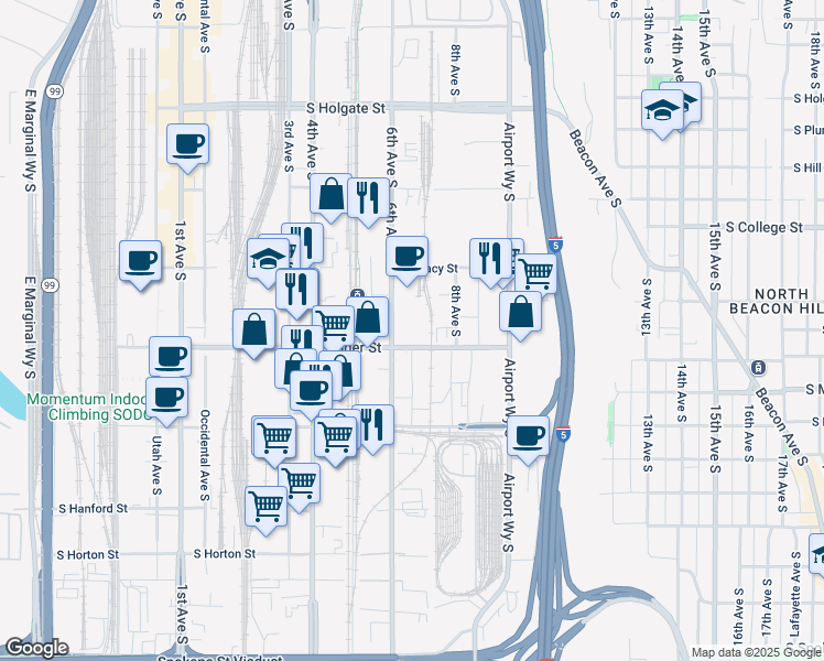 map of restaurants, bars, coffee shops, grocery stores, and more near 700-724 S Lander St in Seattle