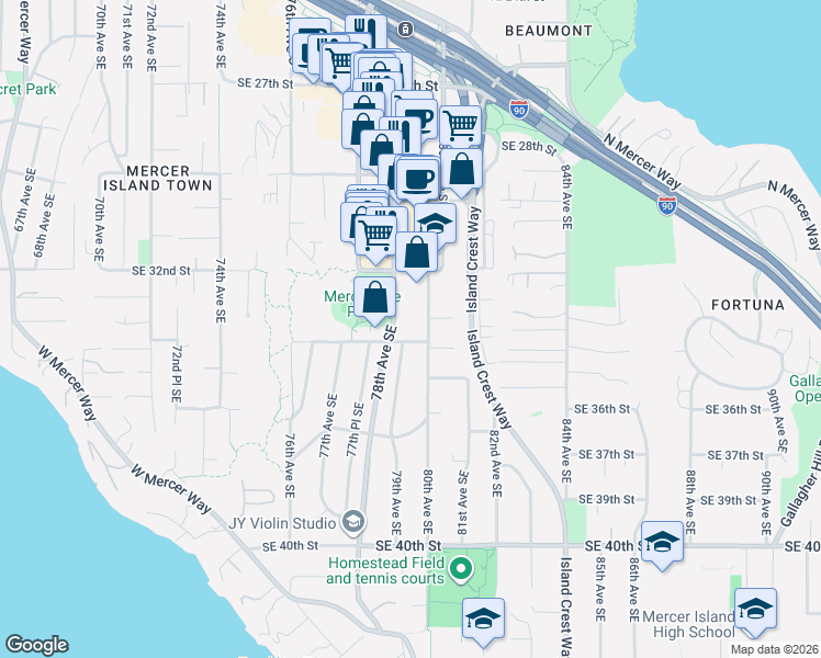 map of restaurants, bars, coffee shops, grocery stores, and more near 7930 Southeast 34th Street in Mercer Island