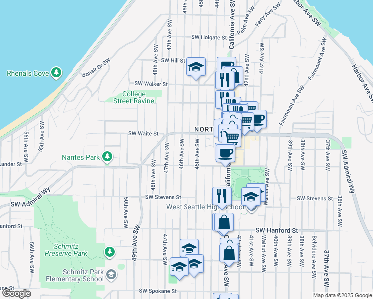 map of restaurants, bars, coffee shops, grocery stores, and more near 2637 45th Avenue Southwest in Seattle