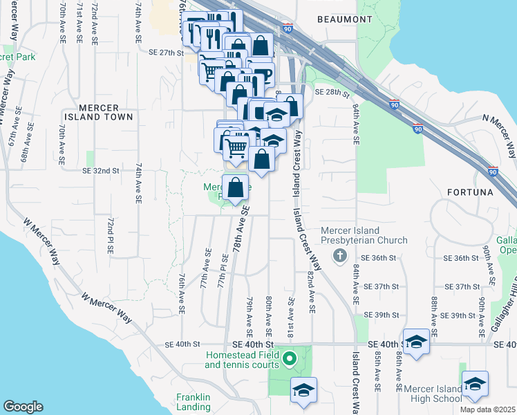 map of restaurants, bars, coffee shops, grocery stores, and more near 3401 79th Avenue Southeast in Mercer Island