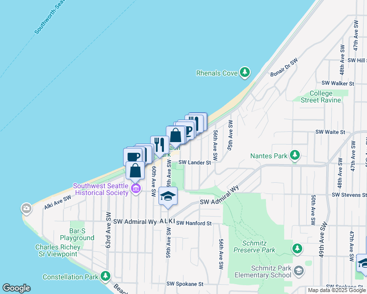 map of restaurants, bars, coffee shops, grocery stores, and more near 2600 Marine Avenue Southwest in Seattle