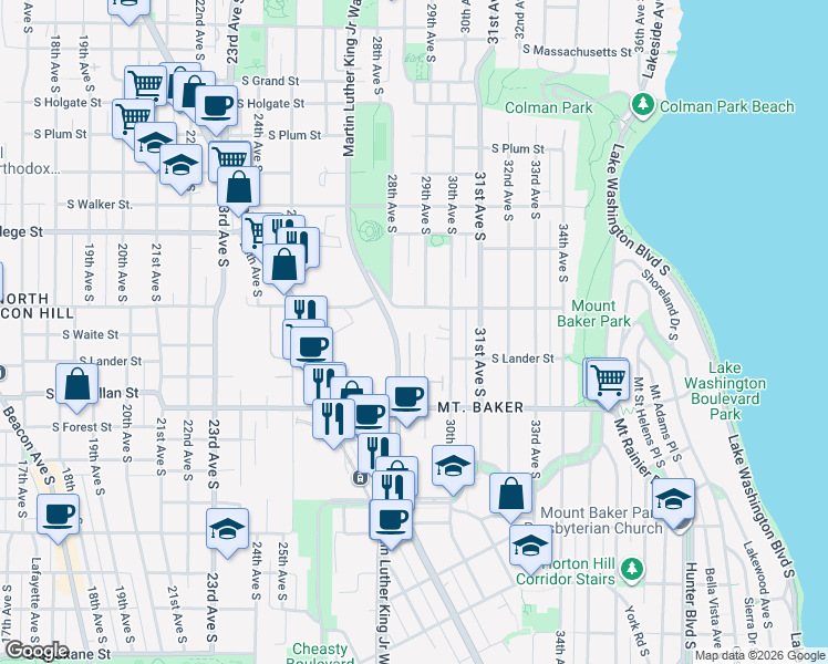 map of restaurants, bars, coffee shops, grocery stores, and more near 2530 29th Avenue South in Seattle