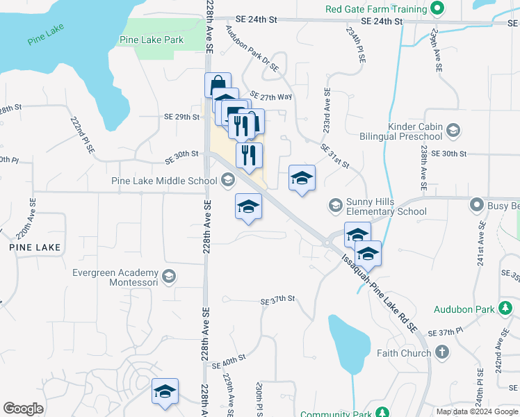 map of restaurants, bars, coffee shops, grocery stores, and more near 3200 228th Avenue Southeast in Sammamish