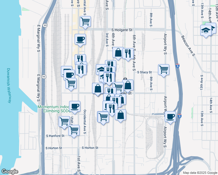 map of restaurants, bars, coffee shops, grocery stores, and more near 2461 4th Avenue South in Seattle