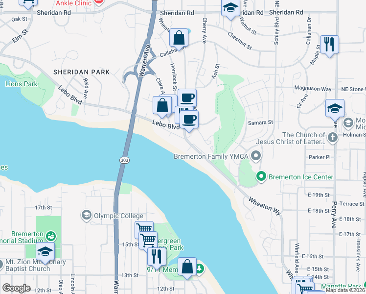map of restaurants, bars, coffee shops, grocery stores, and more near 2331 Wheaton Way in Bremerton