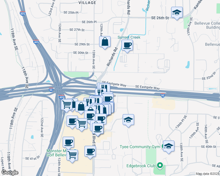 map of restaurants, bars, coffee shops, grocery stores, and more near Interstate 90 in Bellevue