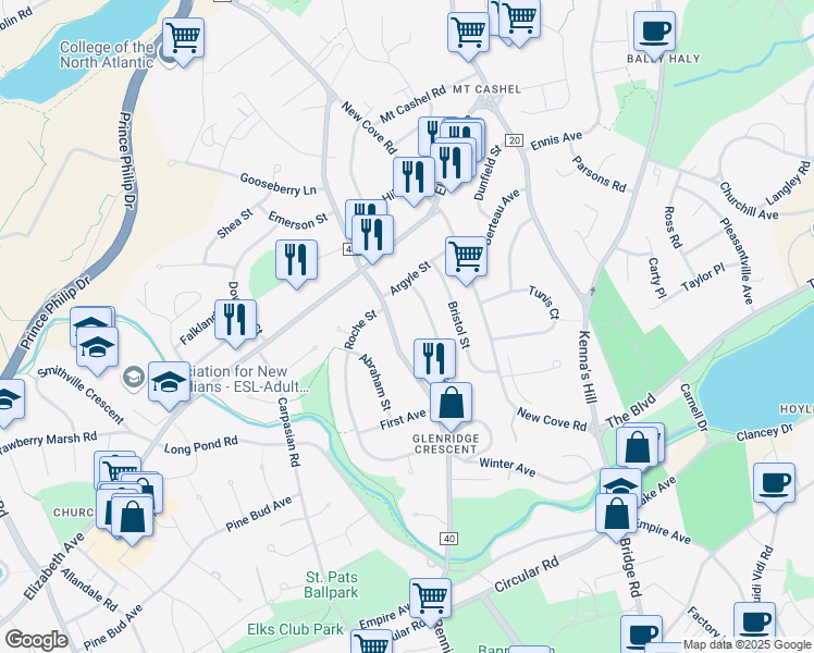 map of restaurants, bars, coffee shops, grocery stores, and more near 64 Portugal Cove Road in St. John's