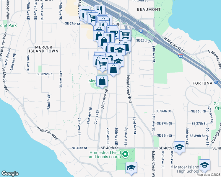 map of restaurants, bars, coffee shops, grocery stores, and more near 3401 79th Avenue Southeast in Mercer Island
