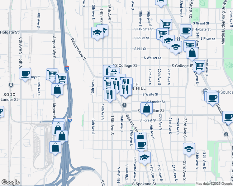 map of restaurants, bars, coffee shops, grocery stores, and more near 2535 Beacon Avenue South in Seattle