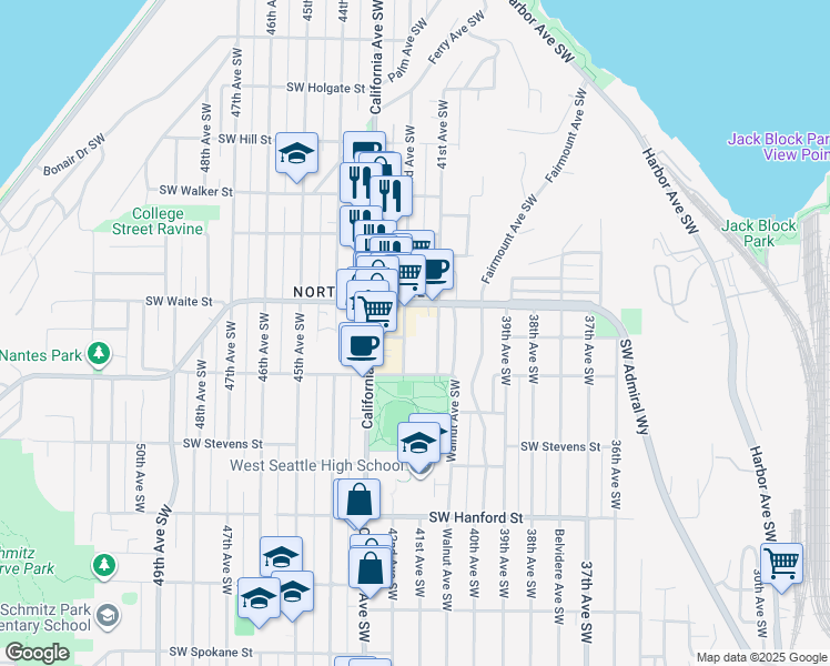 map of restaurants, bars, coffee shops, grocery stores, and more near 2638 42nd Avenue Southwest in Seattle