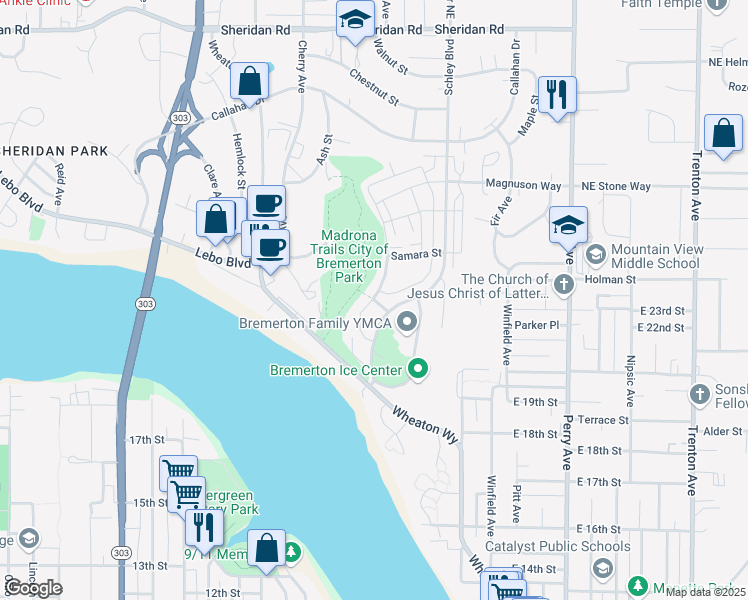 map of restaurants, bars, coffee shops, grocery stores, and more near 1011 Nathan Adrian Drive in Bremerton
