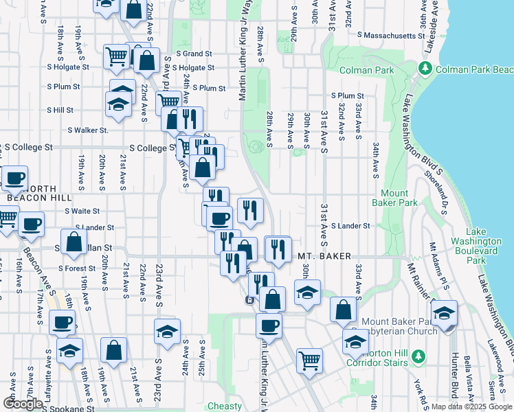 map of restaurants, bars, coffee shops, grocery stores, and more near 2646 Rainier Avenue South in Seattle
