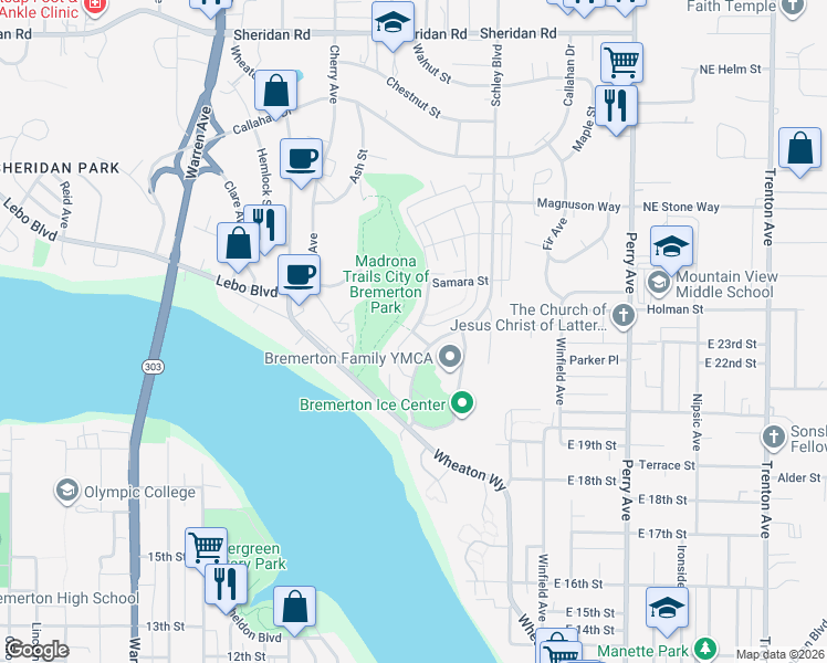 map of restaurants, bars, coffee shops, grocery stores, and more near 1011 Nathan Adrian Drive in Bremerton