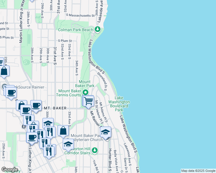 map of restaurants, bars, coffee shops, grocery stores, and more near 2540 Shoreland Drive South in Seattle