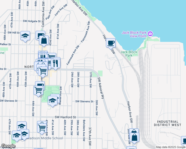 map of restaurants, bars, coffee shops, grocery stores, and more near 3600 Southwest Admiral Way in Seattle