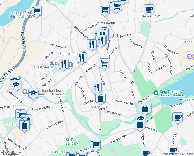 map of restaurants, bars, coffee shops, grocery stores, and more near 30 Kerry Street in St. John's