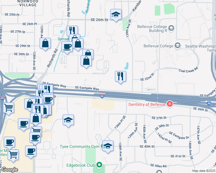 map of restaurants, bars, coffee shops, grocery stores, and more near in Bellevue
