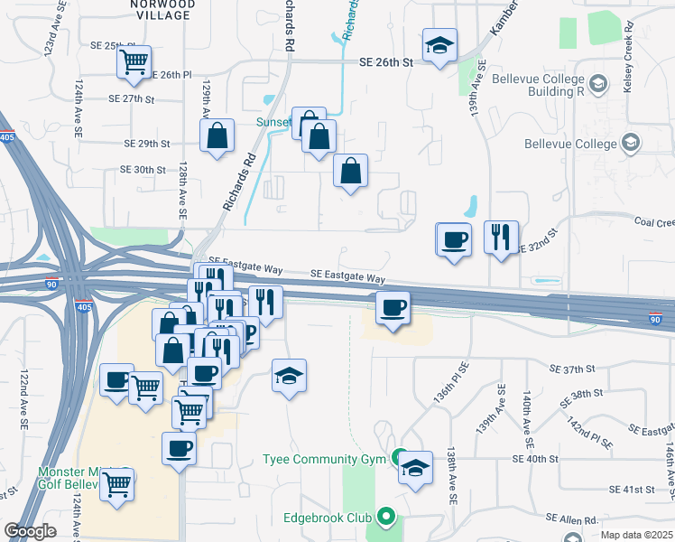 map of restaurants, bars, coffee shops, grocery stores, and more near in Bellevue