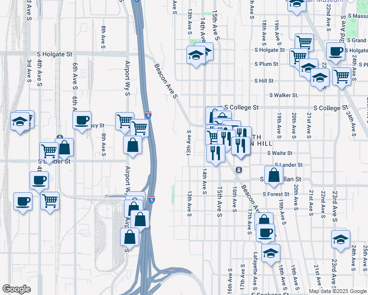 map of restaurants, bars, coffee shops, grocery stores, and more near 2531 13th Avenue South in Seattle