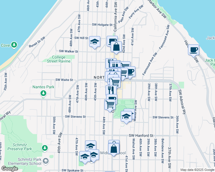 map of restaurants, bars, coffee shops, grocery stores, and more near 4408 Southwest Lander Street in Seattle