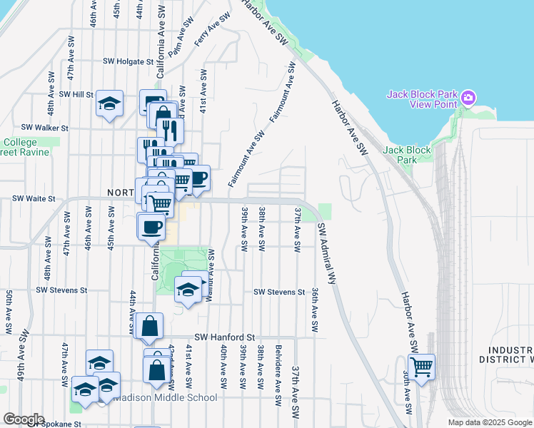 map of restaurants, bars, coffee shops, grocery stores, and more near 2616 38th Avenue Southwest in Seattle